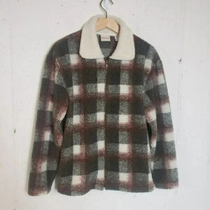 Crossroads S green & ivory plaid‎ cozy fleece jacket